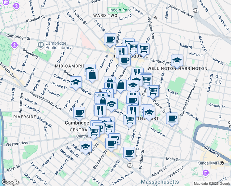 map of restaurants, bars, coffee shops, grocery stores, and more near 305 Broadway in Cambridge