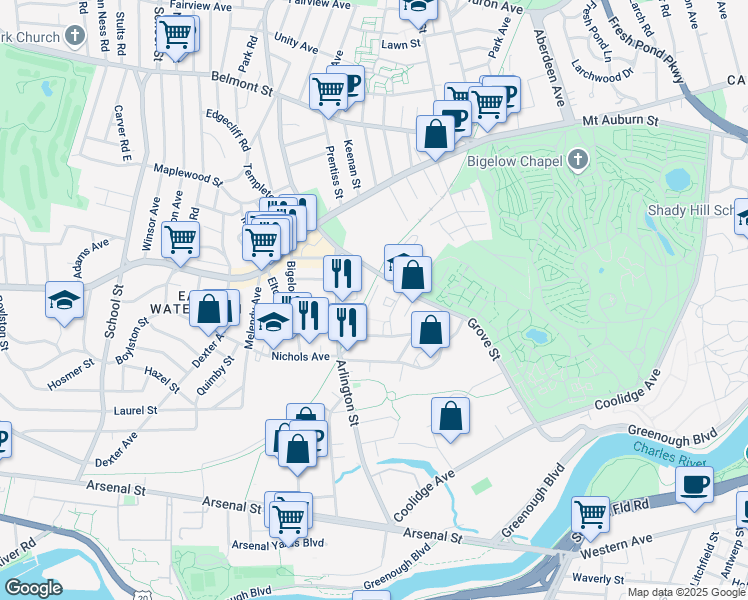 map of restaurants, bars, coffee shops, grocery stores, and more near 42 Crawford Street in Watertown