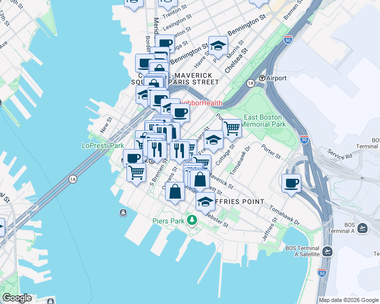 map of restaurants, bars, coffee shops, grocery stores, and more near 89 Orleans Street in Boston