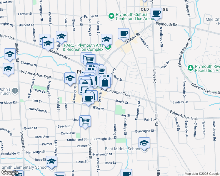 map of restaurants, bars, coffee shops, grocery stores, and more near 587 West Ann Arbor Trail in Plymouth