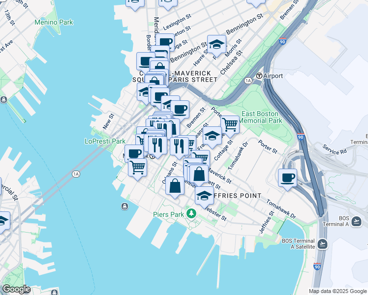 map of restaurants, bars, coffee shops, grocery stores, and more near 89 Orleans Street in Boston