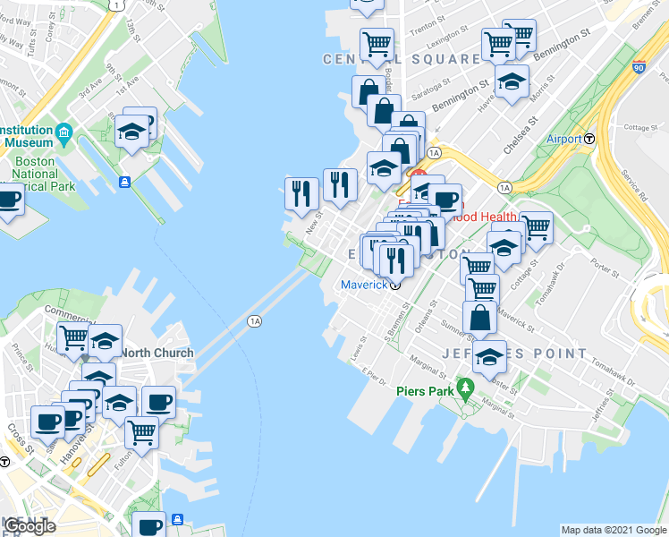 map of restaurants, bars, coffee shops, grocery stores, and more near 113 Sumner Street in Boston