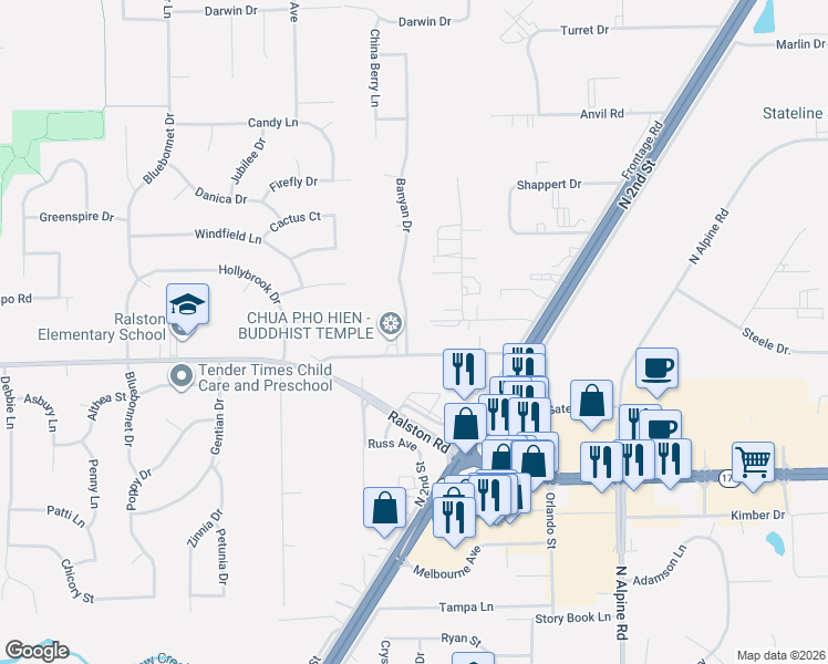 map of restaurants, bars, coffee shops, grocery stores, and more near 10337 Banyan Drive in Machesney Park