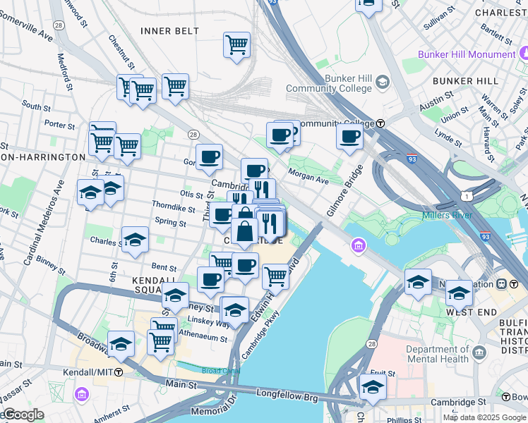 map of restaurants, bars, coffee shops, grocery stores, and more near 1 Canal Park in Cambridge
