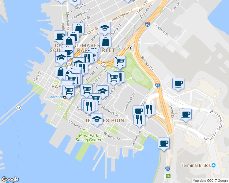 map of restaurants, bars, coffee shops, grocery stores, and more near 176 Gove Street in Boston
