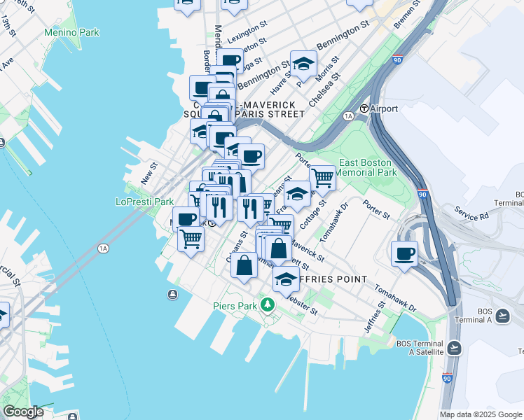 map of restaurants, bars, coffee shops, grocery stores, and more near 89 Orleans Street in Boston