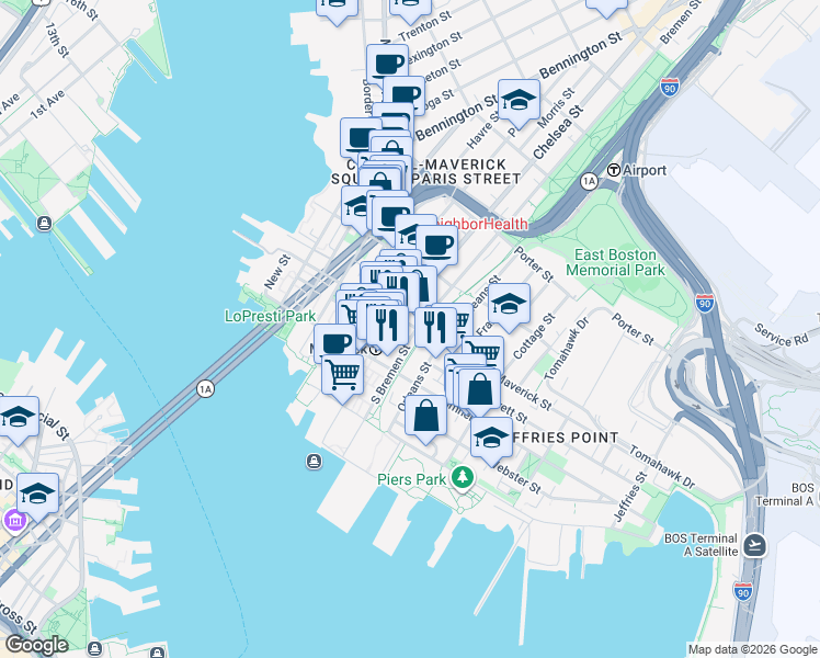 map of restaurants, bars, coffee shops, grocery stores, and more near 17 South Bremen Street in Boston
