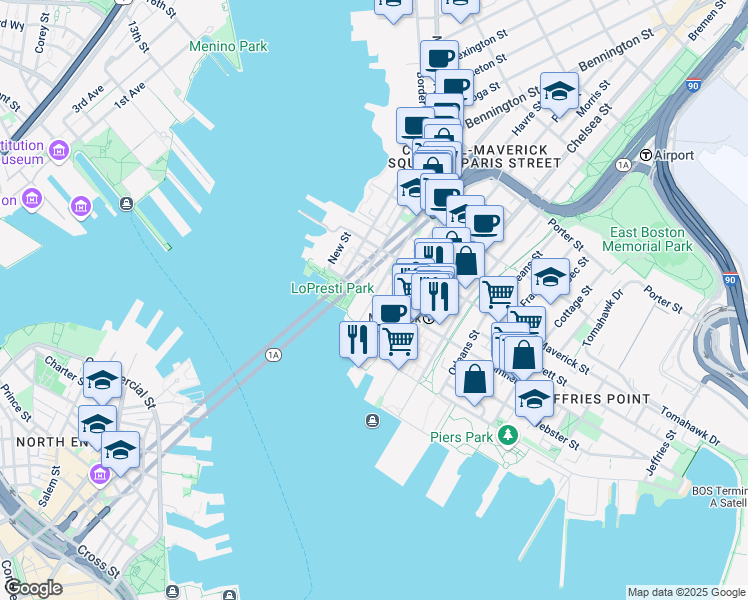 map of restaurants, bars, coffee shops, grocery stores, and more near 14 Clipper Ship Lane in Boston