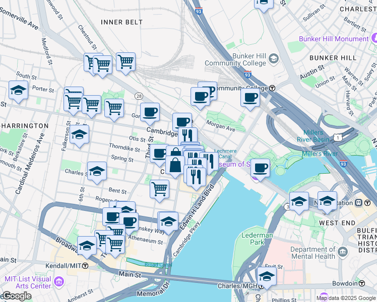 map of restaurants, bars, coffee shops, grocery stores, and more near in Cambridge