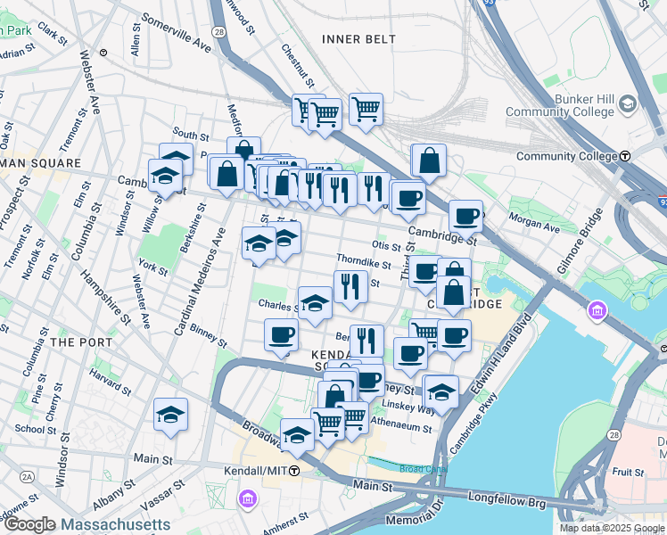 map of restaurants, bars, coffee shops, grocery stores, and more near 123 Spring Street in Cambridge