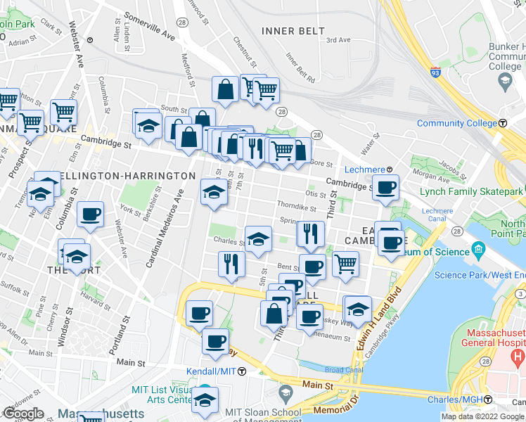map of restaurants, bars, coffee shops, grocery stores, and more near 341 Hurley Street in Cambridge