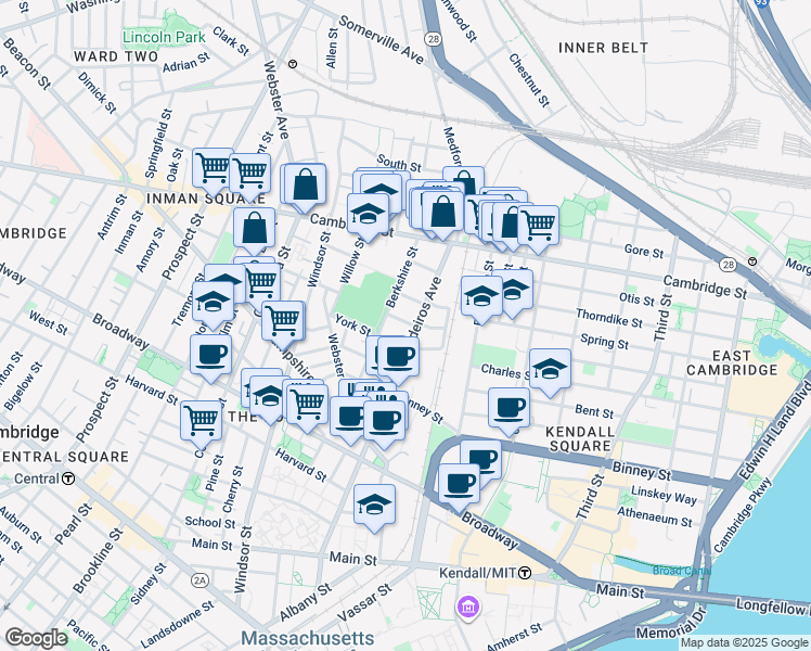 map of restaurants, bars, coffee shops, grocery stores, and more near 14 Vandine Street in Cambridge