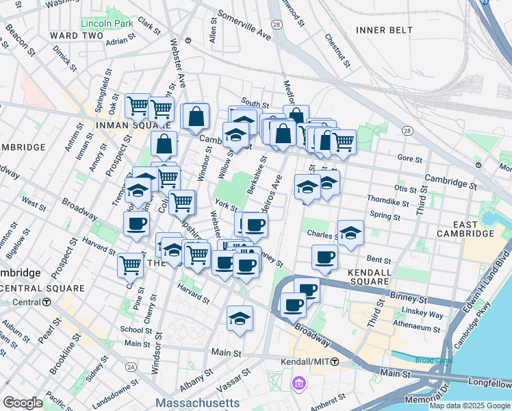 map of restaurants, bars, coffee shops, grocery stores, and more near 14 Vandine Street in Cambridge