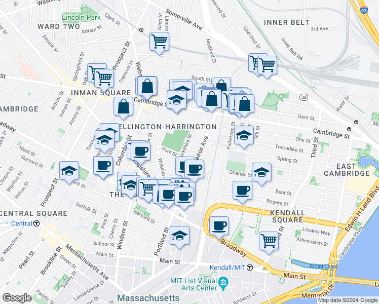 map of restaurants, bars, coffee shops, grocery stores, and more near 14 Vandine Street in Cambridge
