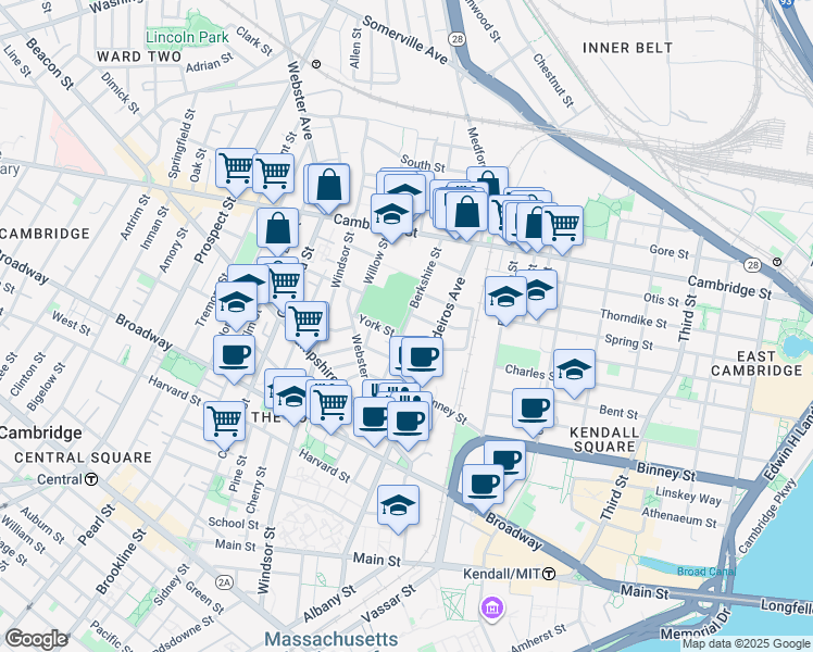 map of restaurants, bars, coffee shops, grocery stores, and more near 14 Vandine Street in Cambridge