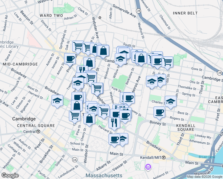 map of restaurants, bars, coffee shops, grocery stores, and more near 44 Plymouth Street in Cambridge