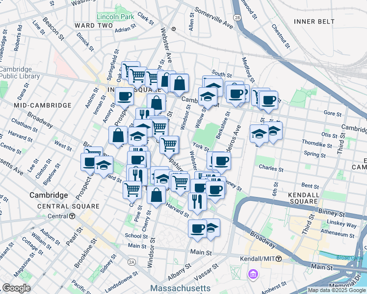 map of restaurants, bars, coffee shops, grocery stores, and more near in Cambridge