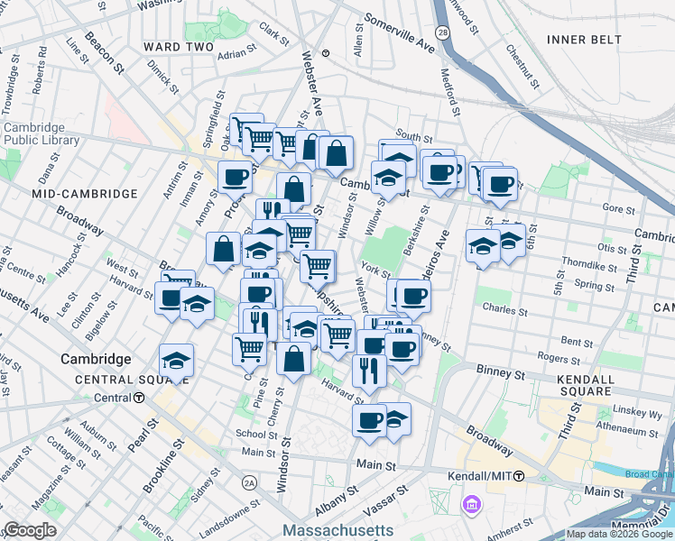 map of restaurants, bars, coffee shops, grocery stores, and more near in Cambridge