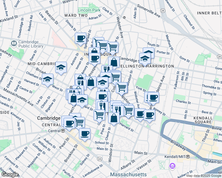 map of restaurants, bars, coffee shops, grocery stores, and more near 235 Columbia Street in Cambridge