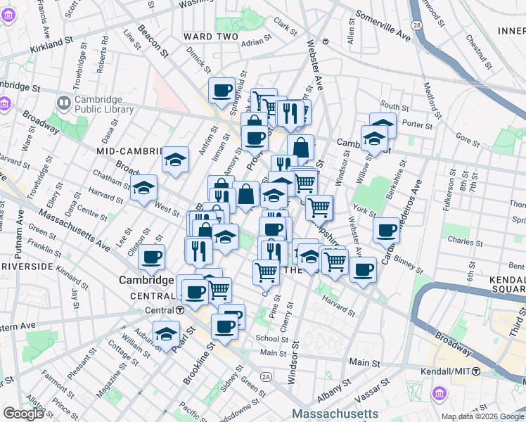 map of restaurants, bars, coffee shops, grocery stores, and more near 198-200 Norfolk Street in Cambridge