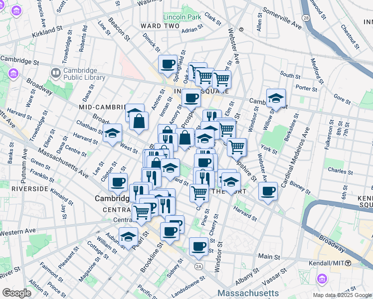 map of restaurants, bars, coffee shops, grocery stores, and more near 305 Broadway in Cambridge