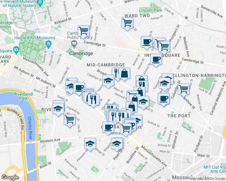 map of restaurants, bars, coffee shops, grocery stores, and more near 17 Bigelow Street in Cambridge