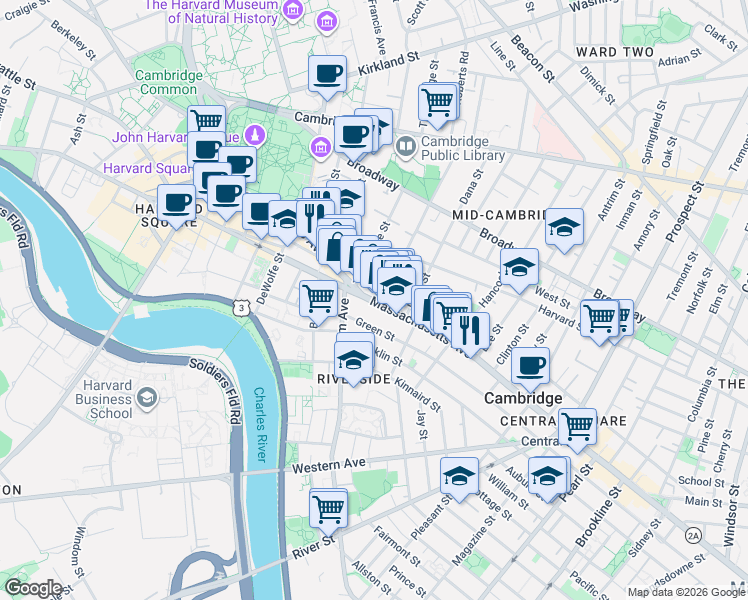 map of restaurants, bars, coffee shops, grocery stores, and more near 629 Green Street in Cambridge