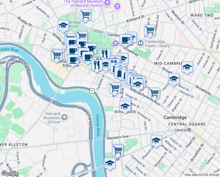 map of restaurants, bars, coffee shops, grocery stores, and more near 69 Bank Avenue in Cambridge