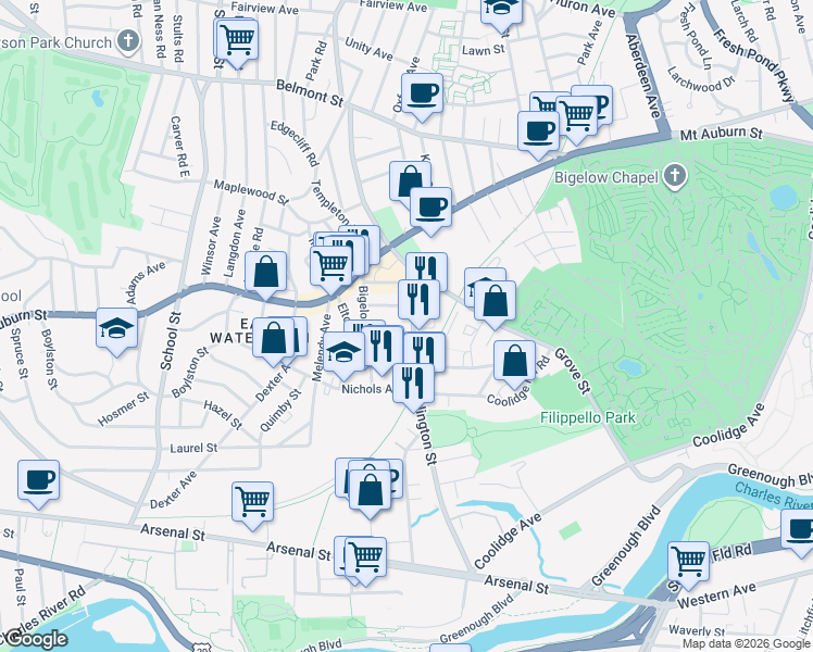 map of restaurants, bars, coffee shops, grocery stores, and more near 191 Arlington Street in Watertown