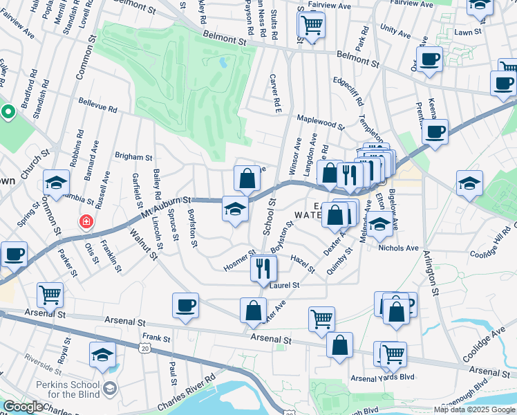 map of restaurants, bars, coffee shops, grocery stores, and more near 170 School Street in Watertown