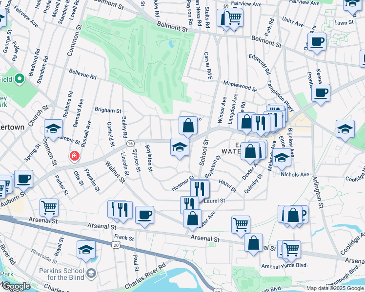 map of restaurants, bars, coffee shops, grocery stores, and more near 48 Hancock Street in Watertown