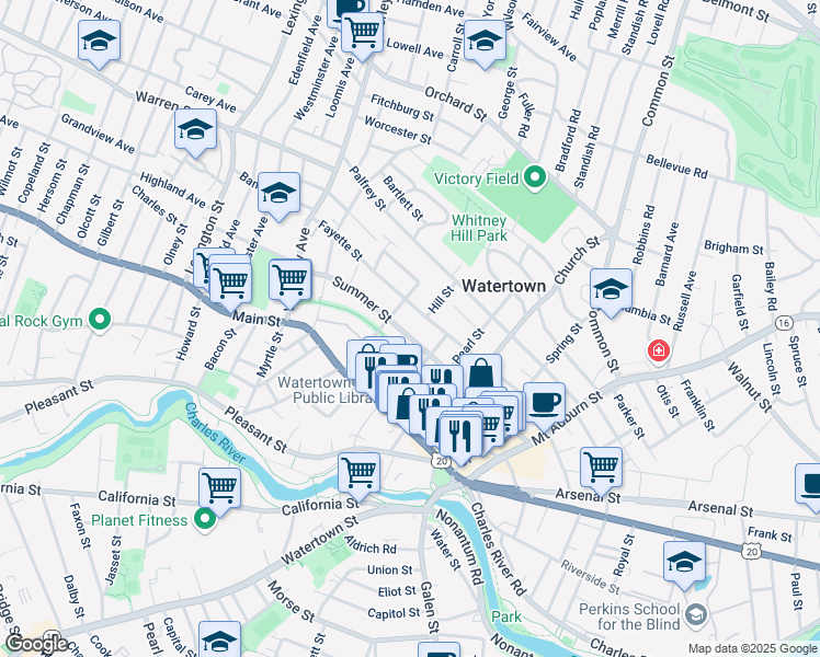 map of restaurants, bars, coffee shops, grocery stores, and more near 134 Summer Street in Watertown