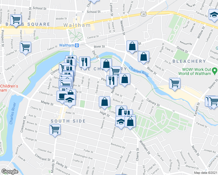 map of restaurants, bars, coffee shops, grocery stores, and more near 244 Newton Street in Waltham