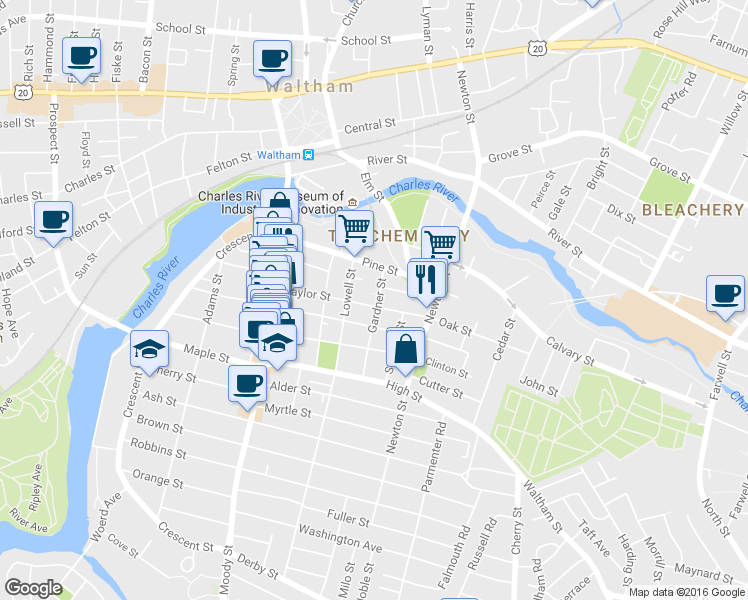 map of restaurants, bars, coffee shops, grocery stores, and more near 79 Cushing Street in Waltham