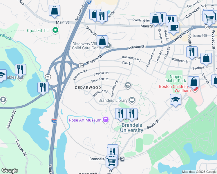 map of restaurants, bars, coffee shops, grocery stores, and more near 24 Harland Road in Waltham