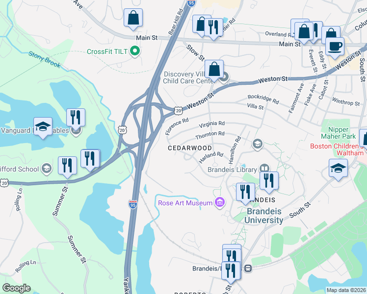 map of restaurants, bars, coffee shops, grocery stores, and more near 271 Florence Road in Waltham
