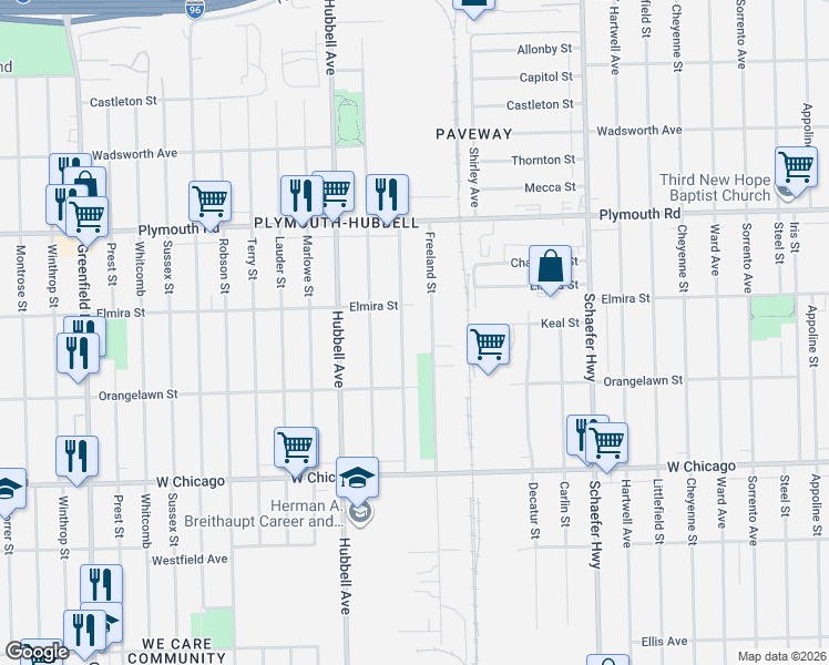 map of restaurants, bars, coffee shops, grocery stores, and more near 9746 Freeland Street in Detroit