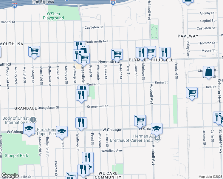 map of restaurants, bars, coffee shops, grocery stores, and more near 9963 Coyle Avenue in Detroit