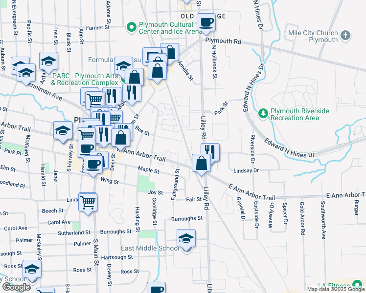 map of restaurants, bars, coffee shops, grocery stores, and more near 250 West Ann Arbor Trail in Plymouth