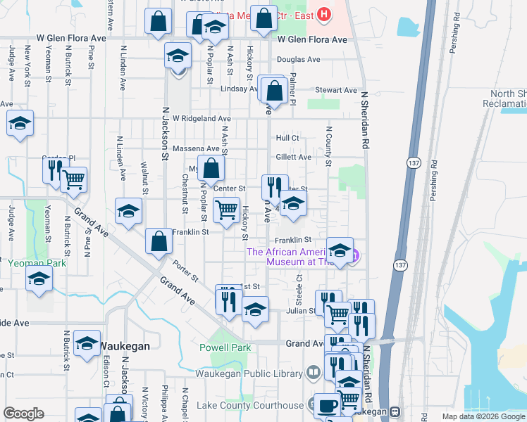 map of restaurants, bars, coffee shops, grocery stores, and more near 613 Hickory Street in Waukegan