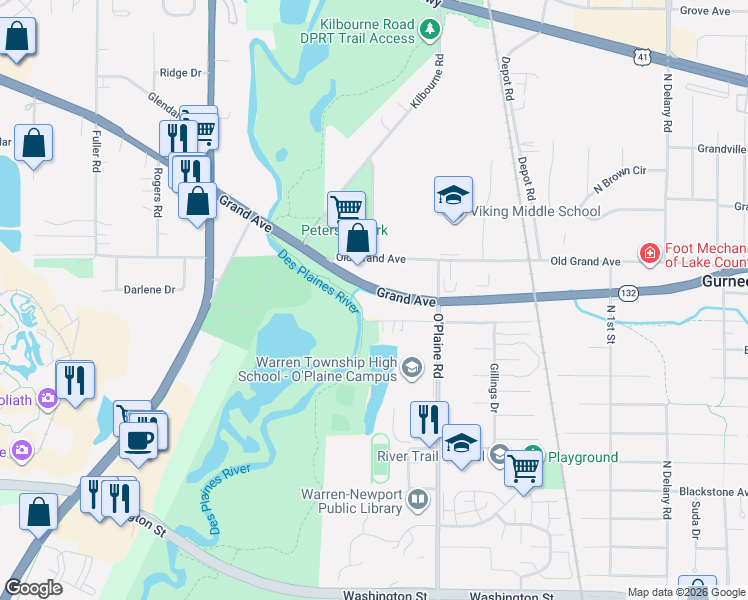 map of restaurants, bars, coffee shops, grocery stores, and more near 4579 McClure Avenue in Gurnee