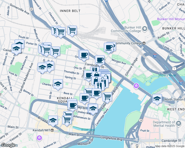 map of restaurants, bars, coffee shops, grocery stores, and more near 30 Spring Street in Cambridge
