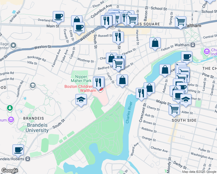 map of restaurants, bars, coffee shops, grocery stores, and more near in Waltham