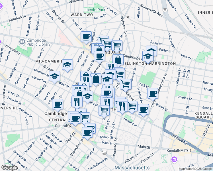 map of restaurants, bars, coffee shops, grocery stores, and more near 198-200 Norfolk Street in Cambridge