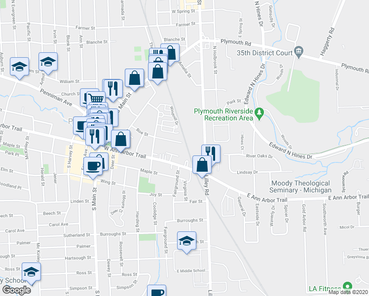map of restaurants, bars, coffee shops, grocery stores, and more near 303 Roe Street in Plymouth