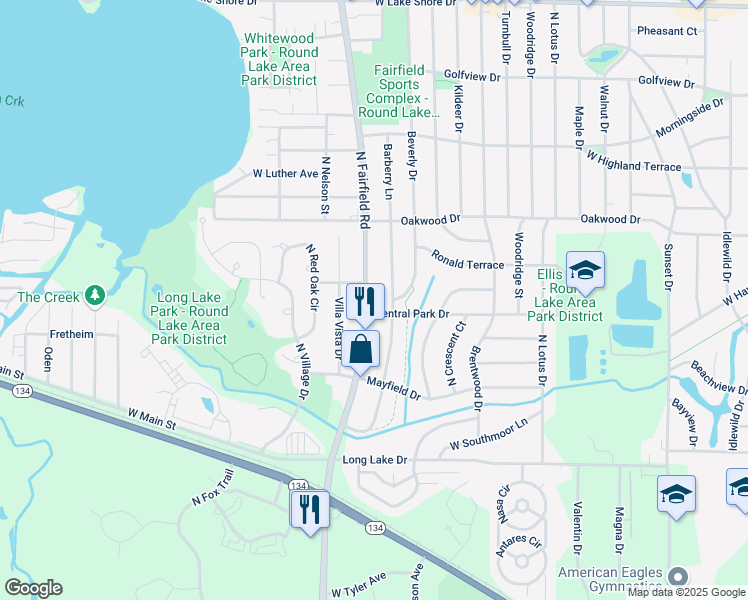 map of restaurants, bars, coffee shops, grocery stores, and more near 1115 North Fairfield Road in Round Lake