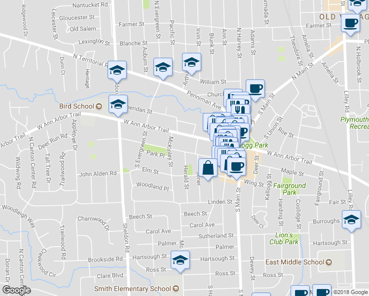 map of restaurants, bars, coffee shops, grocery stores, and more near 1290 Maple Street in Plymouth
