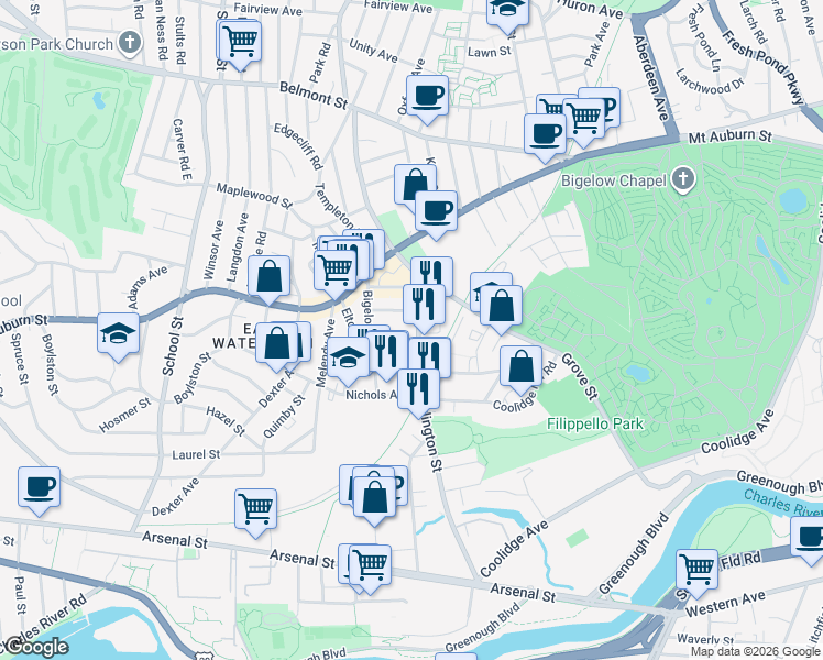 map of restaurants, bars, coffee shops, grocery stores, and more near 191 Arlington Street in Watertown