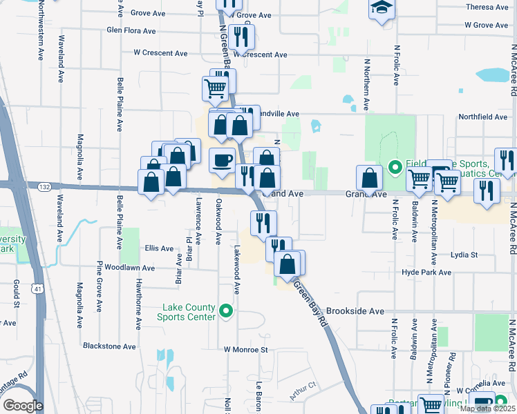 map of restaurants, bars, coffee shops, grocery stores, and more near 699 North Green Bay Road in Waukegan