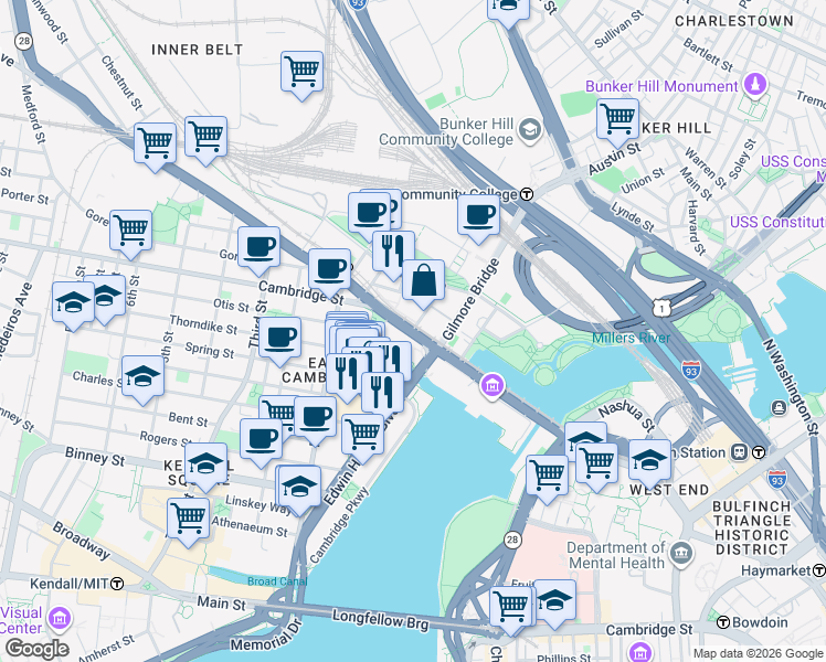 map of restaurants, bars, coffee shops, grocery stores, and more near in Cambridge